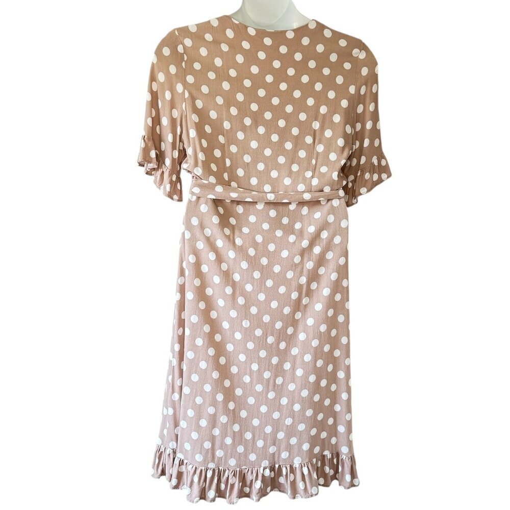 The Shanty Corporation Wrap Dress Dusty Rose with White Polka Dots Ruffles Large - Picture 4 of 7